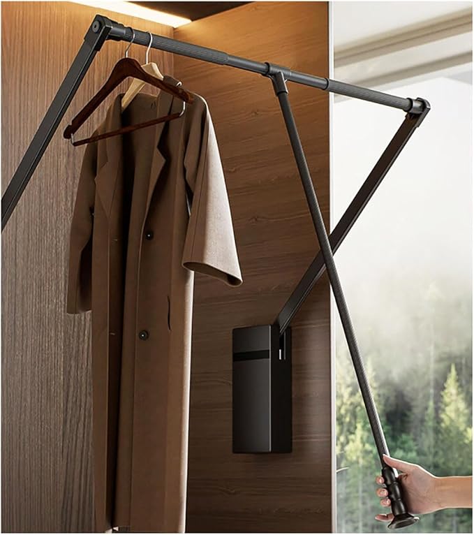 Pull Down Closet Rod for Hanging Clothes, Retractable Wardrobe Hanger for Cabinet Inside Width 26"~35", Aluminium alloy Tubing with Plastic Housing, 44 lb Weight Rating
