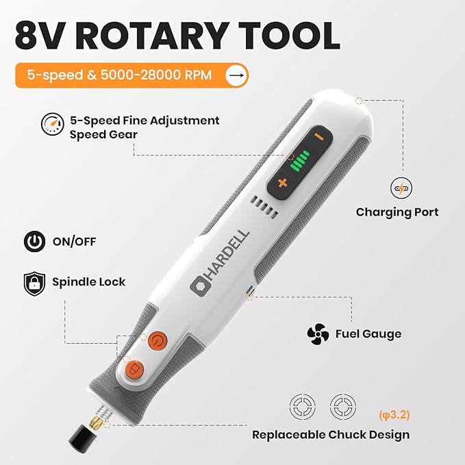 HARDELL 8V Cordless Rotary Tool Kit, 5 Variable Speed, 80 Accessories, 28000RPM, Power Tool for Sanding, Polishing, Engraving, Grinding, Drilling, DIY Crafts