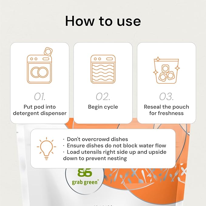 Grab Green Natural Dishwasher Detergent Pods, Free & Clear/Unscented, 60 Count, Fragrance Free, Organic Enzyme-Powered, Plant & Mineral-Based