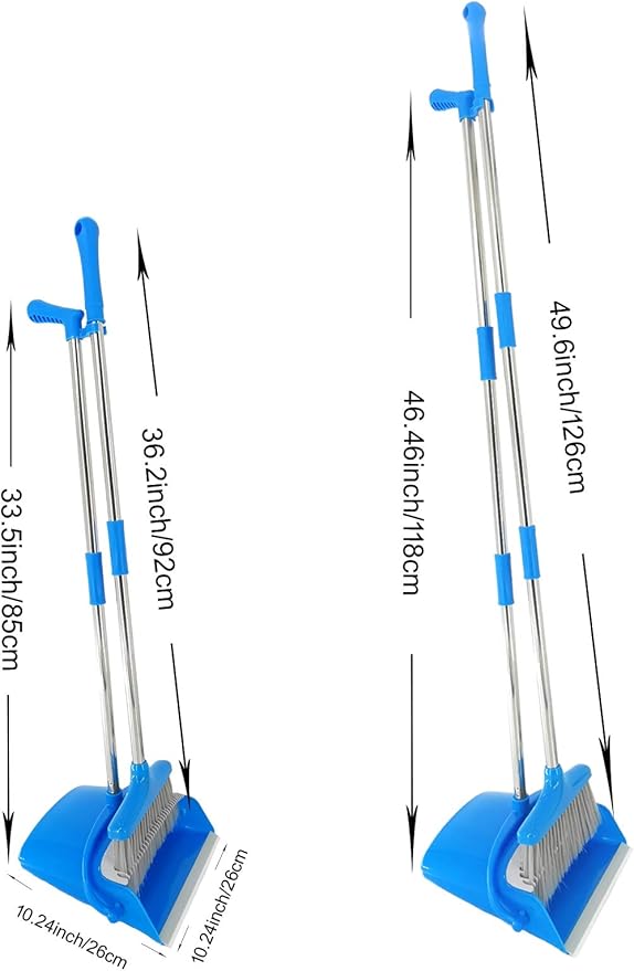 Extendable Long Handle Broom and Dustpan Set, Stainless Lightweight Upright Standing Broom and Dustpan Combo for Kitchen Lobby Office Living Room Household Indoor or Outside (Light Blue)