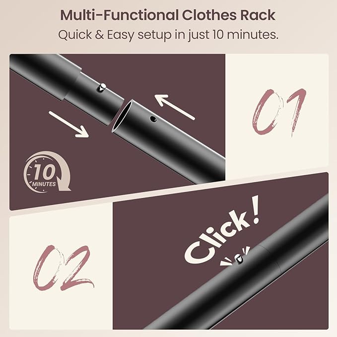 Clothes Rack, Double Rods Rolling Clothing Rack for Hanging Clothes Load 260 LBS Closet Rack with Wheels, Metal Portable Garment Rack for Bedroom Laundry Living Room, Black