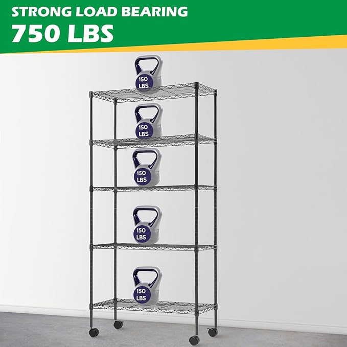 BestOffice 14"x30"x60" Commercial Storage Shelves Heavy Duty Shelving 5 Tier Layer Wire Shelving Unit with Wheels Metal Wire Shelf Standing Garage Shelves Storage Rack,Adjustable NSF Certified(Black)