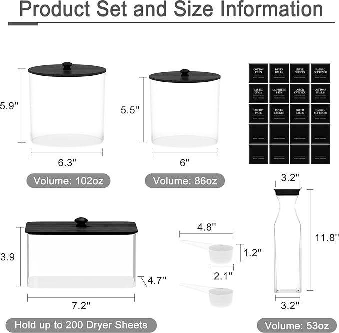 3+1 Pack Laundry Pods Containers & Dryer Sheet Holder & Laundry Detergent Dispenser, Laundry Room Organization and Storage Jars with Lids, Labels and Scoops for Scent Booster Powder Pods, Black Lid