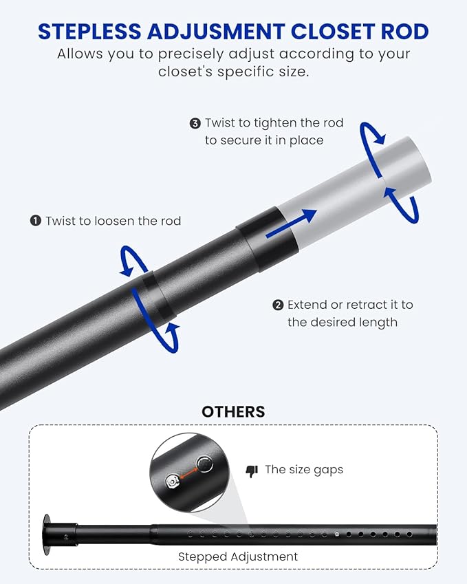Supforce 2 PACK Closet Rods for Hanging Clothes, 17 to 84 Inches Stepless Adjustable Metal Closet Rod, 1.3 Inches Heavy Duty Clothes Hanging Rod for Closet Wardrobes Laundry RV, Black