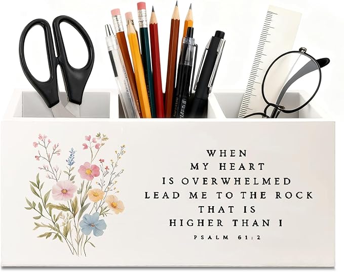 Floral Christian Wooden Utensils Holder, Wildflower Psalm 61 : 2 Bible Scripture Religious Wood Cooking Utensil Holder Organizer for Kitchen Countertop Counter Decor Accessories