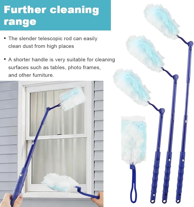Dusters Starter Kit, 30 pcs Microfibers Duster Refills with 2 Extendable Handle and 2 Mini Crevice Cleaning Brush, Disposable Multi Surface Dusters for Cleaning Home (Color:Blue)