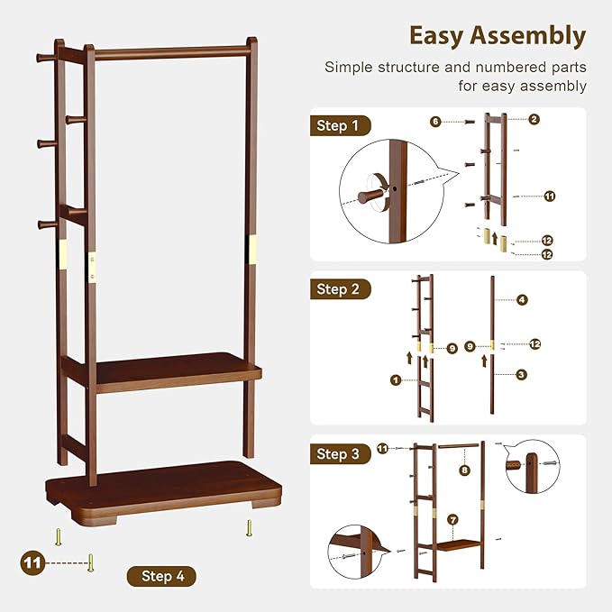 Taitiy Coat Rack Solid Wood Clothes Rack with 2 Shelves & 4 Hooks for Hanging Clothes Garment Wallets Hats, Clothing Rack Heavy Duty Coat Rack Freestanding with Storage Hall Tree for Hallway Bedroom