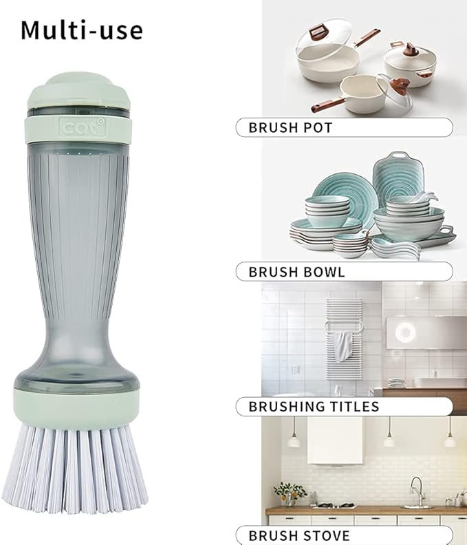 CQT Dish Brush with Soap Dispenser – One-Press Suds, Built-in Scrubbing Pad, Non-Slip Handle for Pots, Pans & Non-Stick Cookware – Includes 2 Refill Heads