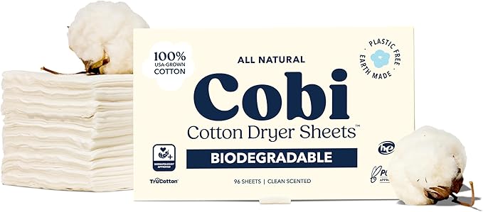 Cobi Biodegradable Non-Toxic Dryer Sheets – Naturally Unscented Cotton Dryer Sheets – Eco-Friendly, Plant-Based, Plastic-Free (96, Unscented)