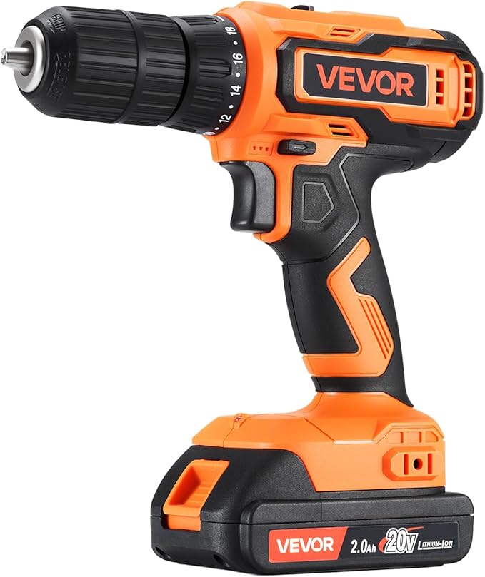 VEVOR Cordless Drill Driver, 1/2 inch Metal Chuck, Dual-Speed Variable, Drill Driver Kit with Lithium Battery and Charger, Belt Clip, for Wood and Metal Drilling, Screw Tightening or Loosening