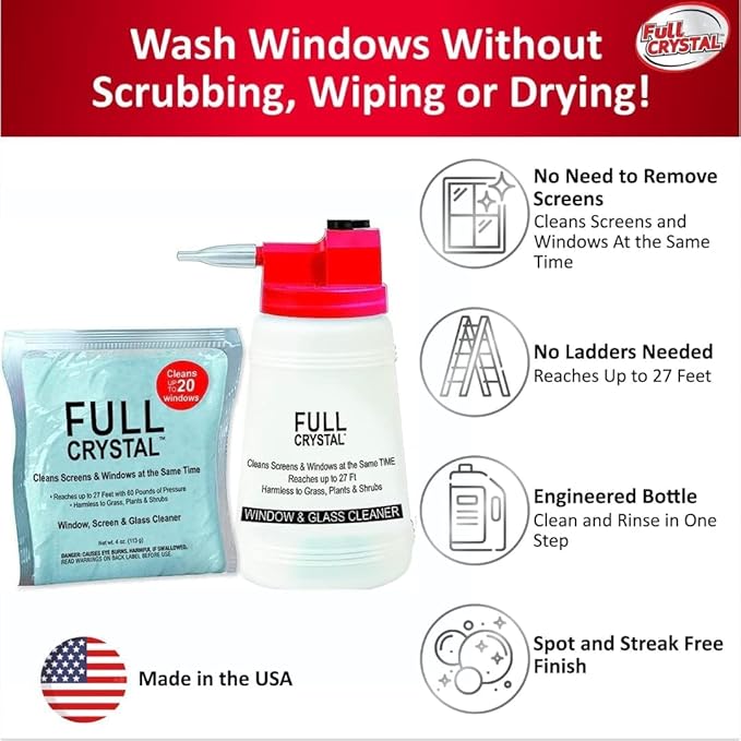 Full Crystal Refill Kit – Two 4 oz Crystal Powder Exterior Window Cleaner Packets, Each 4 oz Bag Makes Up to 640 fl oz, Cleans Up to 40 Windows