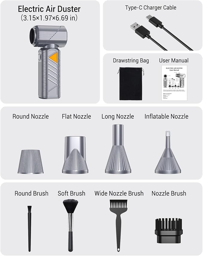 BOBYE Compressed Air Duster, 350W High-Powered Electric Air Duster with 180,000 RPM, Extended Runtime, 10000 mAh Battery, Mini Blower & Air Duster Rechargeable for Keyboard, PC, Car, Home, Outdoor