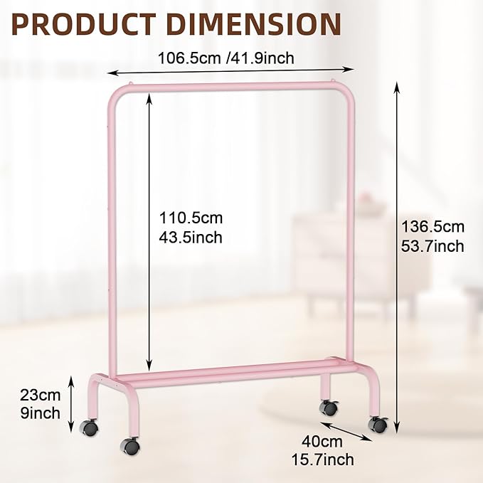 STARLATTA Rolling Clothing Racks for Hanging Clothes, Garment Rack for Clothes to Hang, Metal Portable Wardrobe Rack for Coats, Jackets, Shirts, Dress,Pink
