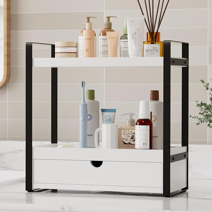 Boulphia 2-Tier Bathroom Organizer Countertop with Drawer, Wood Bathroom Counter Shelf for Storage, Vanity Organizer Countertop for Kitchen, Office