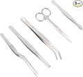 5pcs Plant Tweezers and Scissors, Long Stainless Steel Garden Bend Tongs Set with Straight Curved Flat Point Tip Multiple-Use Gardening Tools for Bonsai Reptile Feeding Kitchen Use