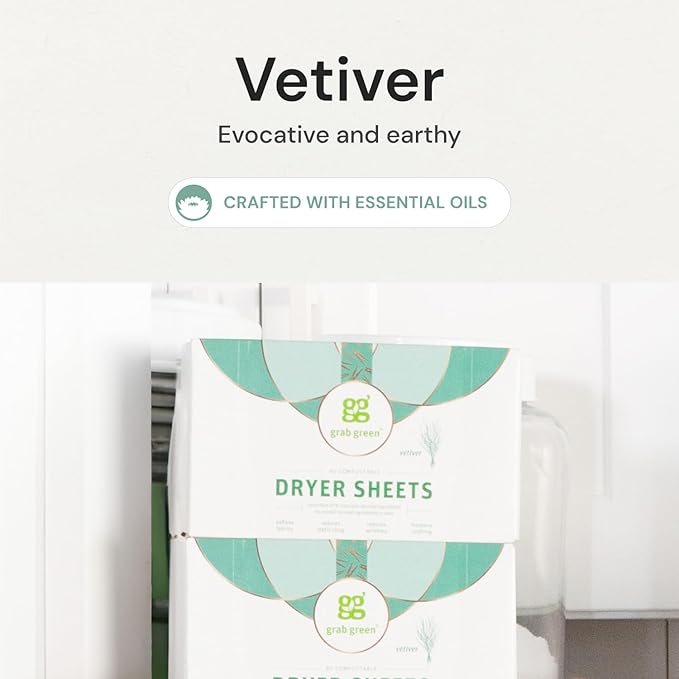 Grab Green Dryer Sheets, 160 Sheets, Vetiver Scent, Plant and Mineral Based, Compostable, Softens Fabrics, Reduces Static Cling and Wrinkles
