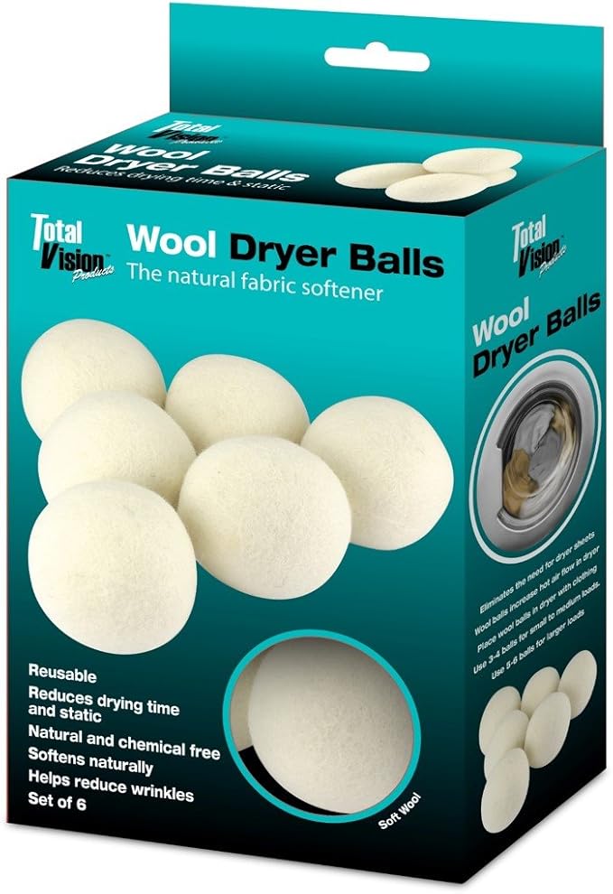 Total Vision's Soft Wool Dryer Balls (6-Pack) - Reusable Natural Fabric Softener