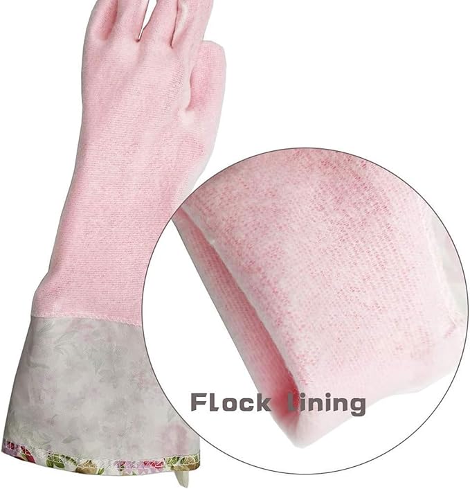 KINGFINGER Rubber Latex-Free Waterproof Dishwashing Gloves,2 Pair Medium Long Cuff Flock Lining Household Cleaning Gloves