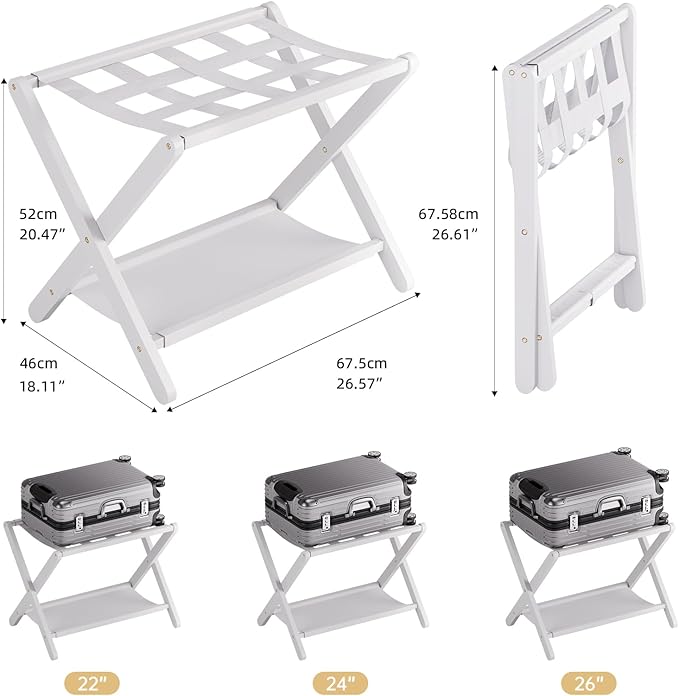 HITNET White Luggage Rack, Set of 2, Folding Suitcase Stand with Storage Shelf, Bamboo Luggage Holder with 5 Nylon Straps for Guest Room Bedroom Hotel
