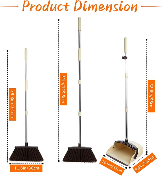 Broom and Dustpan Set, Dustpan Combo with 51" Stainless Steel Long Handle Brooms with 5-Layer Soft Bristles for Home Office Kitchen Bathroom(Beige)