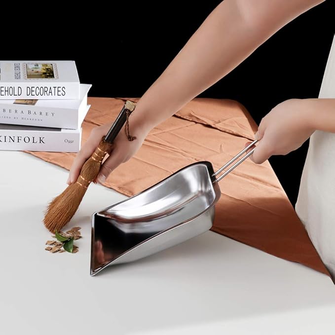 Small Metal Dustpan and Brush Set Heavy Duty Vintage Dust Pan Natural Handmade Broom Dust Shovel for Fireplace Garage Workshop Tabletop