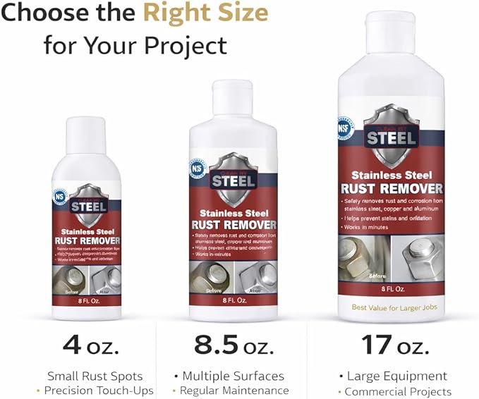 Stainless Steel Rust Stain Remover & Cleaner, NSF Approved Safe for Food Areas. Non-Toxic Stainless Steel Cleaner for Appliances is Perfect for Commercial Use, Your Fridge, Best Knife, Pan (17 oz)