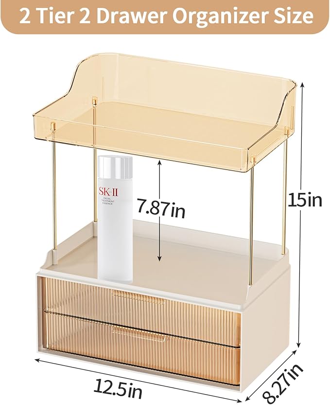 Shuang Qing 2-Tier 2-Drawer Bathroom Countertop Organizer - Multi-Purpose Makeup Storage Rack for Vanity, Cosmetic Counter Organizer (Gold)