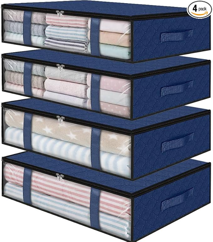 StorageRight Under Bed Storage Bags 4 Pack, 40L Large Clothes & Comforter Storage Containers with Clear Window, Breathable Fabric Organizer for Blankets, Bedding, Seasonal Clothing, Blue
