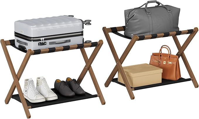 Smuxee Walnut Bamboo Luggage Rack Pack of 2, Foldable Suitcase Stand with Storage Shelf, Easily Assembled Luggage Stand with 5 Nylon-Straps for Guest Room Hotel Bedroom