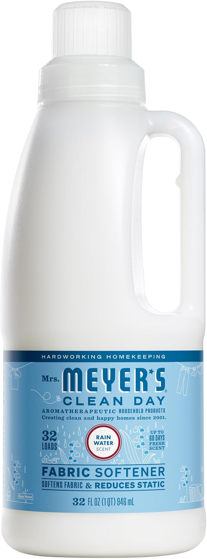 MRS. MEYER'S CLEAN DAY Liquid Fabric Softener, Infused with Essential Oils, Paraben Free, Rain Water Scent, 32 oz (32 Loads)