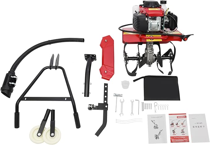 Mini Tiller Cultivator, 63CC 4-Stroke Gas Powered Tiller Cultivator 8500-9000rpm Speed 1600W Garden Yard Rototiller Tilling with Fuel Tank Cordless Tiller Cultivator for Gardening