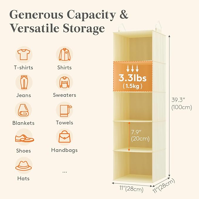 Lifewit 5 Tier Hanging Closet Organizer and Storage for Shelves, Foldable Clothes Shelf with 2 Sturdy Hooks, Sweater/Coat/Shoes Clothing Organization for Wardrobe, Dorm, Bedroom, Beige