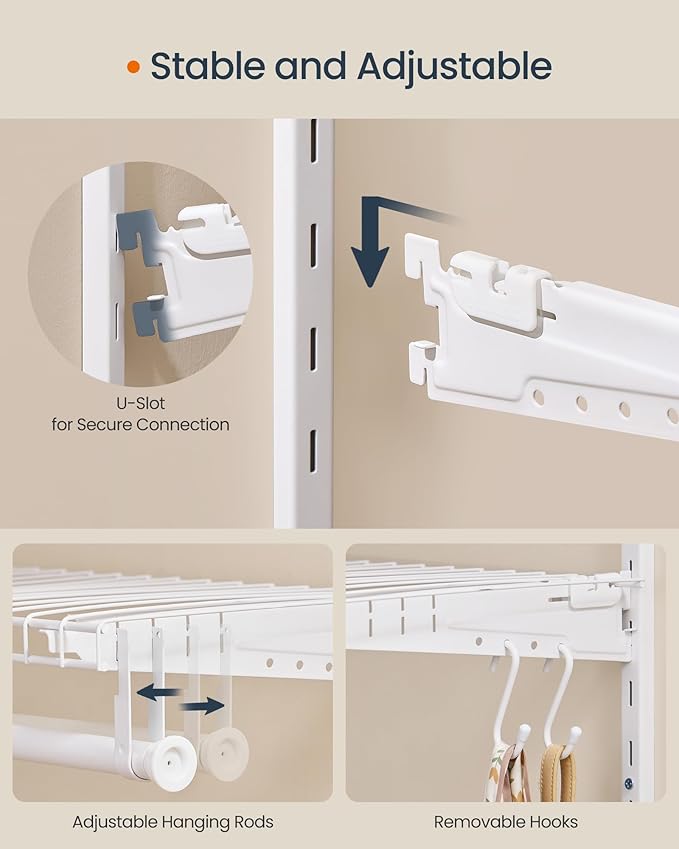 SONGMICS HOME Closet System, Closet Insert Organizer, 2-4 ft, Adjustable Metal Shelving Unit with 4 Hanging Rods, 4 Shelves, and Hooks, for Pantry Mudroom Garage Basement, Cloud White URGR031W01
