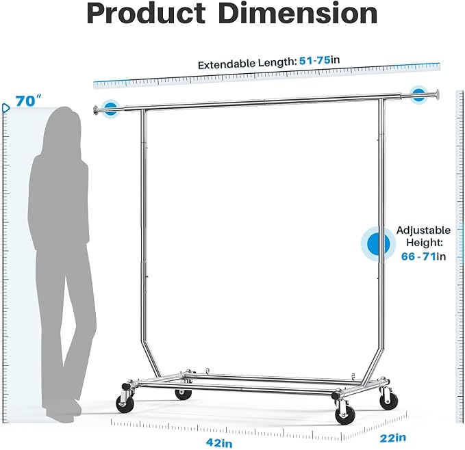 HOKEEPER Clothes Rack, Rolling Clothing Racks for Hanging Clothes, Portable Clothes Rack with Lockable Wheels, Commercial Heavy Duty Garment Rack for Bedroom, Living Room, Laundry, Balcony Collapsible