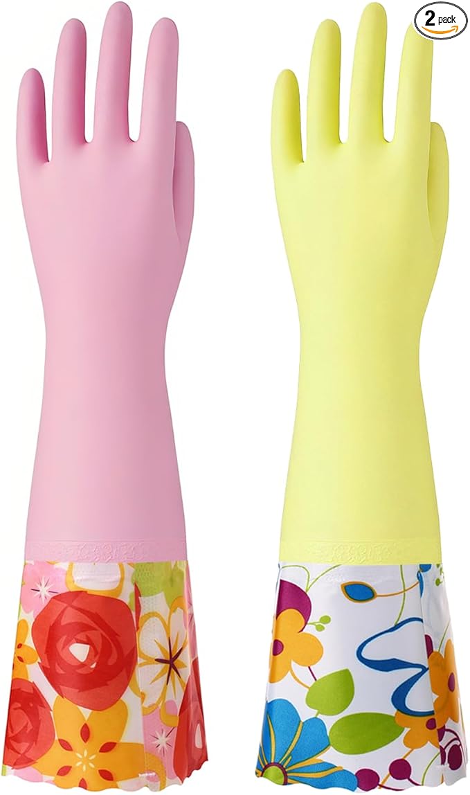 Bamllum 2 Pairs Rubber Cleaning Gloves, Household Kitchen Dishwashing Gloves with Cotton Flocked Liner, Long Cuff 16 Inches (Yellow+Pink, Medium)