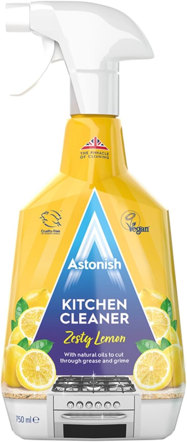 Astonish Zesty Lemon Scented Kitchen Cleaner - All Purpose Cleaning Solution Removes Grease, Grime, & Surface Stains - Cruelty Free Kitchen Grease And Multi Surface Cleaner - 750ml Spray Bottle