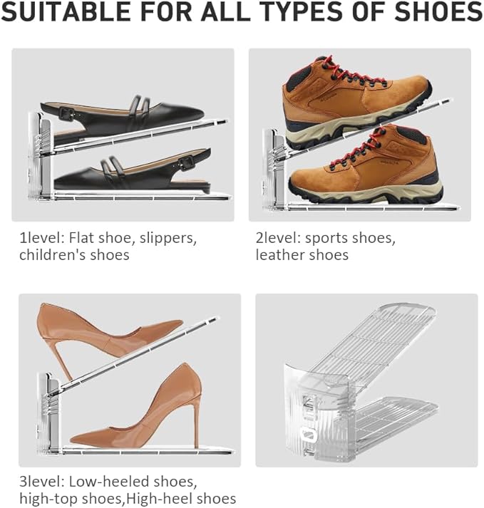 10 Pack Clear Shoe Slots Organizer - Adjustable Height 3.7''to 7.7'' Shoe stackers for a pair of shoes ,Shoe rack storage shoe space saver 50%,Easy to assemble shoe hold shoe organizer for cloest