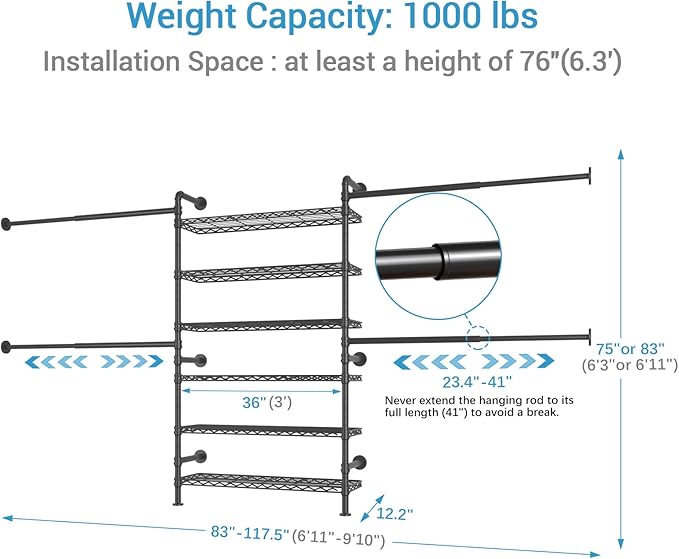 Timate S3X PLUS Closet System, Expandable Wall Mounted Closet with 6 Adjustable Shelves & 4 Expandable Hanger Rods, Industrial Pipe Clothing Rack for Hanging Clothes, Fits Spaces 6'11"- 9'10", Black