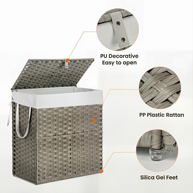 Laundry Hamper with Lid, 110L Foldable Laundry Basket with Removable Liner Bags, Handwoven Synthetic Rattan Clothes Hamper for Bathroom, Bedroom, Laundry Room, Grey