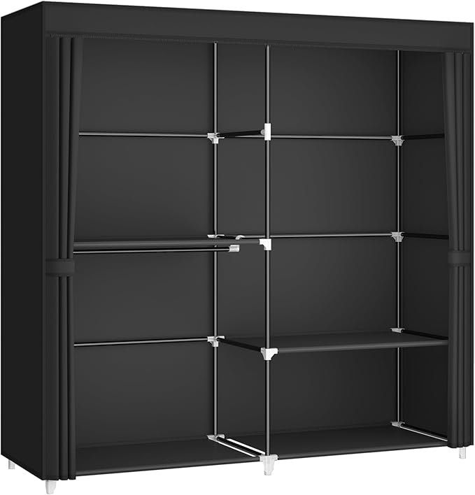 MOGELAFOO 62.5" Closet Wardrobe, Portable Closet for Bedroom, Freestanding Clothes Rack with Non-Woven Fabric Cover, 3 Hanging Rods, 4 Storage Shelves, Clothes Storage Organizer, Black