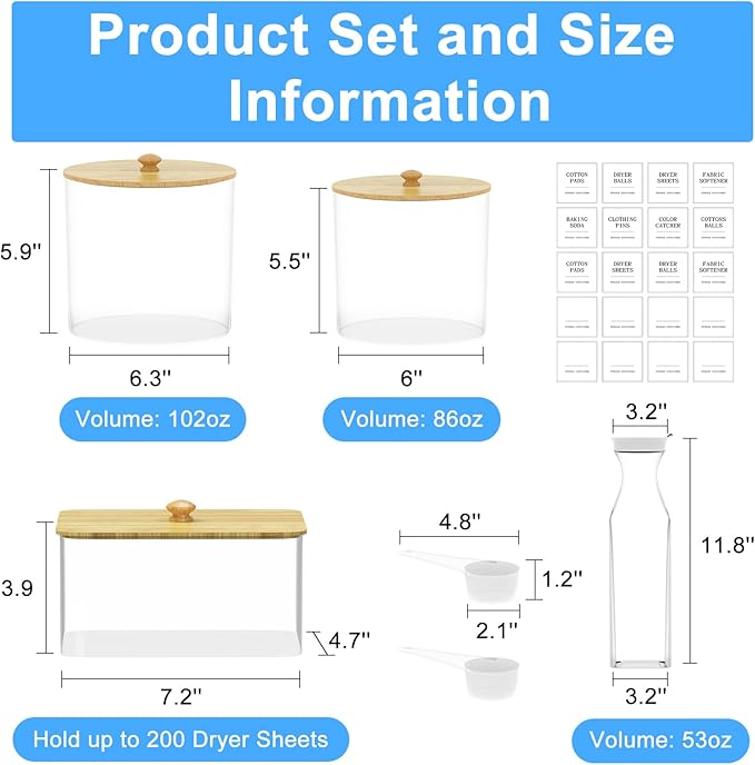 3+1 Pack Laundry Pods Containers & Dryer Sheet Holder & Laundry Detergent Dispenser, Laundry Room Organization and Storage Jars with Lids, Labels and Scoops for Scent Booster, Powder, Pods