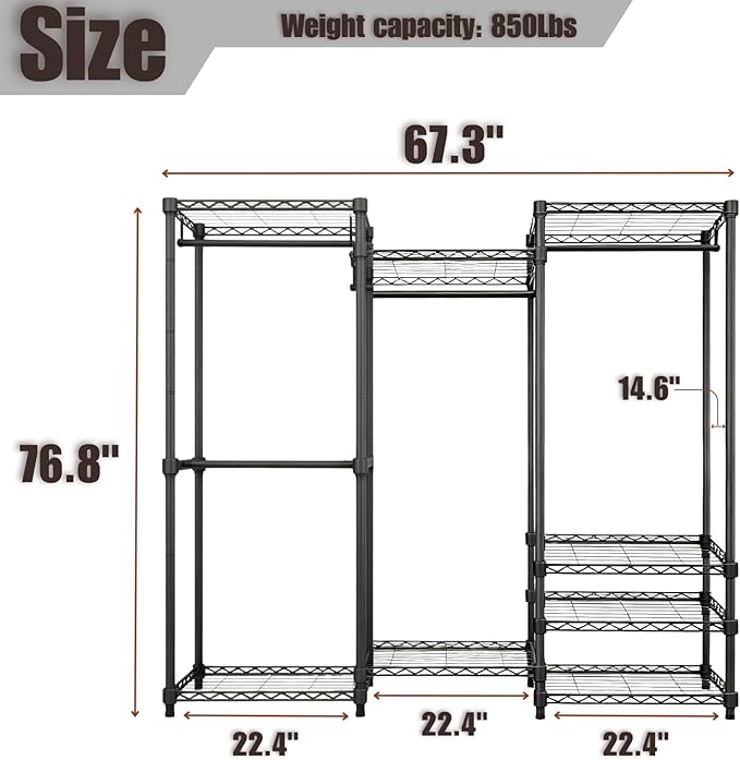 KAXIWEI Portable Closet Wardrobe – Heavy-Duty Freestanding Clothes Rack with 4 Hanging Rods & 8 Shelves, Adjustable Clothing Organizer, 67.3" L x 14.6" W x 76.8" H, Max Load 850 lbs