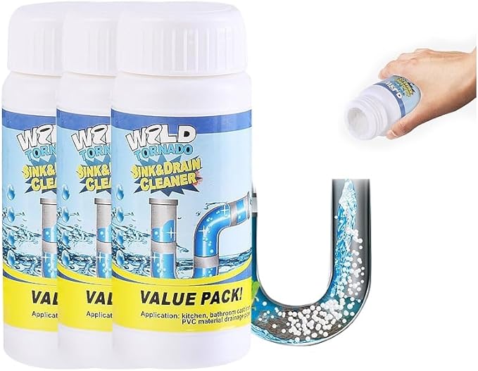 Saker Wild Sink and Drain Cleaner Powder | Rapid-Foam Fast-Acting Pipe Declogger for Kitchen, Bathroom, Toilet, Shower Drain Maintenance (3 PCS (3.88oz*3))