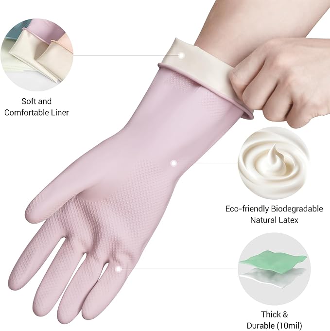 ThxToms 4 Pairs Reusable Rubber Gloves, 13" Natural Latex, 10mil Thick Heavy Duty Dishwashing & Cleaning Gloves, Non-Slip Grip, Multi-Color, Ideal for Kitchen, Bathroom, Car, & Garden Cleaning, Large