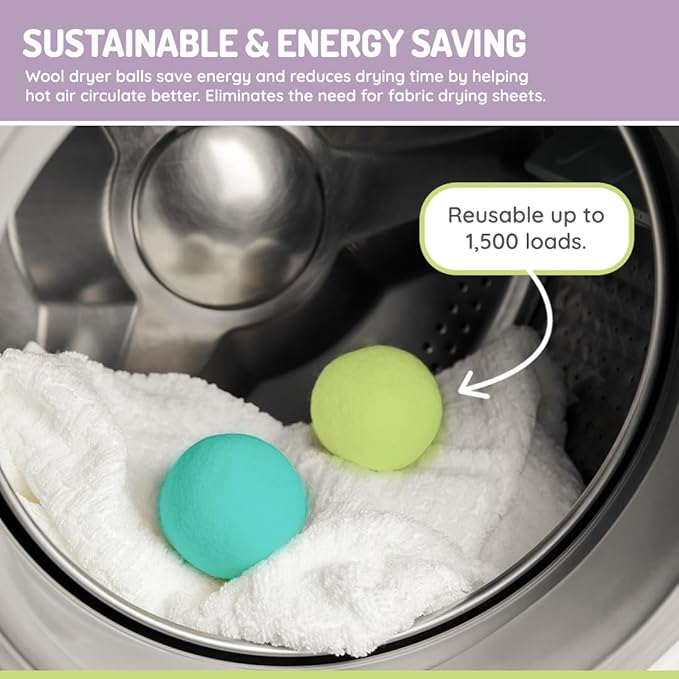 melii Reusable New Zealand Wool Dryer Balls 3-Pack - Reduces Drying Time, Static & Wrinkles - Mint, Lime, Blue