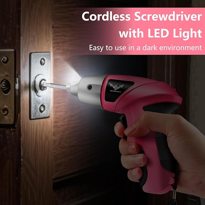 Pink Cordless Electric Screwdriver, 3.6V Rechargeable Small Electric Drill with 24pcs Driver Bit Set, Power 3.5Nm Screw Gun with LED Light for Women