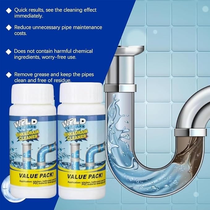 Wild Tornado Sink and Drain Cleaner, Wild Drain and Pipe Cleaner, World Tornado Sink DrainCleaner, Powerful Pipe Dredging Agent for Kitchen & Bathroom (2PCS)