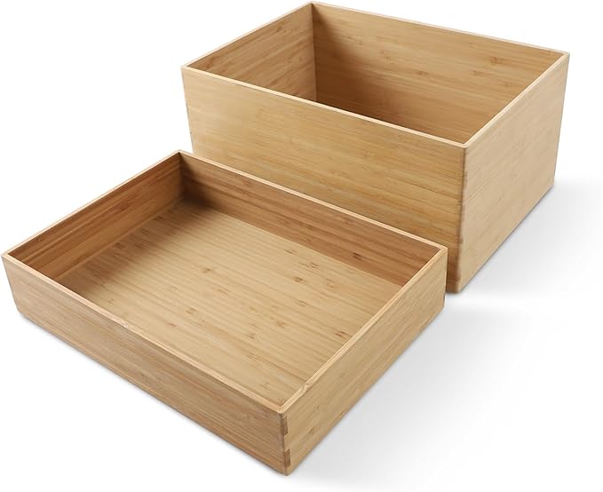 2-Piece Large Bamboo Storage Box Set, 7.1 in High Stackable Deep-Drawer Organizer for Kitchen Cutlery, Utensils & Knives, Lidless Wooden Bin for Homes & Offices (14.6"x10.2"x7.1"+14.6"x10.2"x3.1")