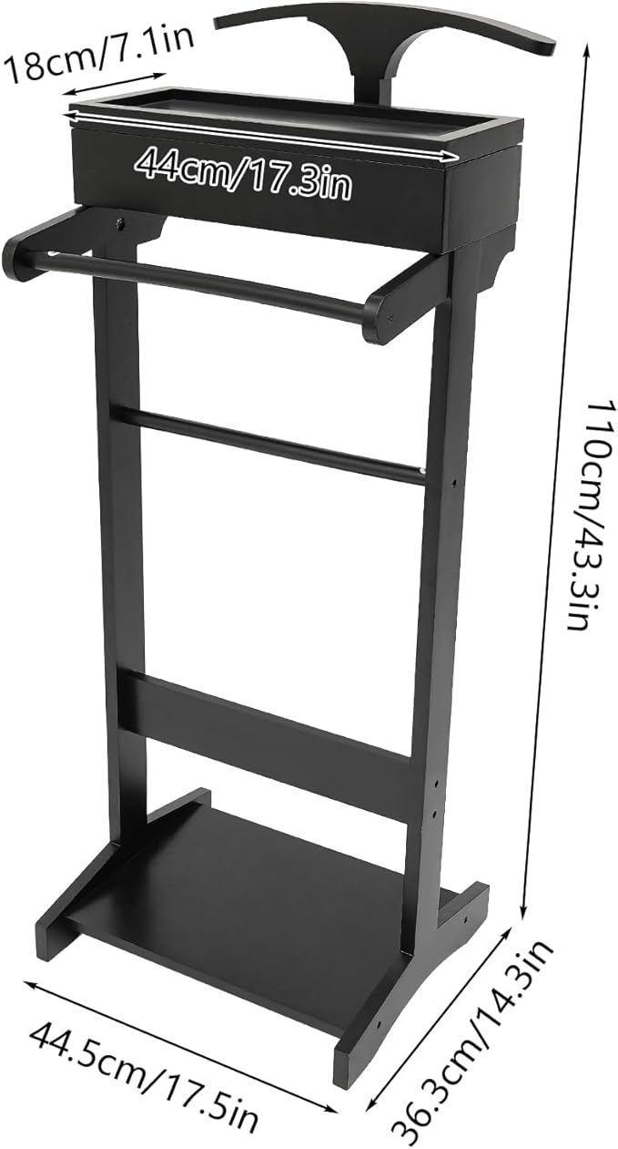TFCFL Wooden Suit Rack with Drawer & Trouser Holder, Multi-functional Coat Stand for Hats/Scarves/Belts, Space-Saving Standing Suit Valet Stand for Home/Office, 22lbs Load Capacity (Black)