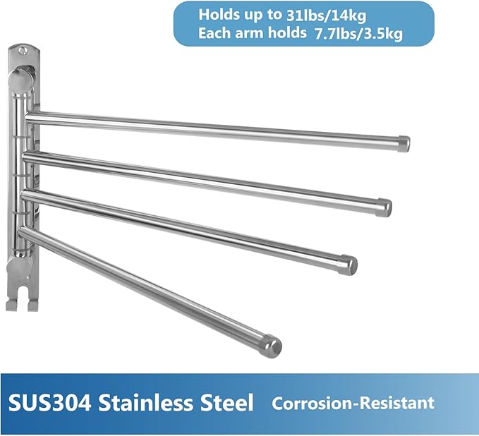 Bathroom Towel Rack JSVER Swivel 4 Arms Extended Towel Holder, SUS304 Stainless Steel Space Saving Towel Rack, Towel Racks for Bathroom, Kitchen